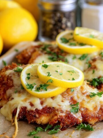 Crispy homemade lemon chicken Romano topped with melted cheese, fresh lemon slices, and chopped parsley.