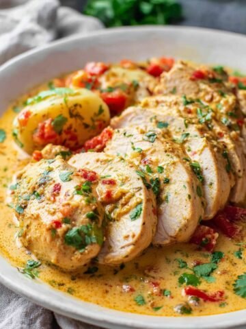 Spicy Brazilian Coconut Chicken in creamy coconut sauce with tomatoes, garnished with fresh cilantro, served with rice.