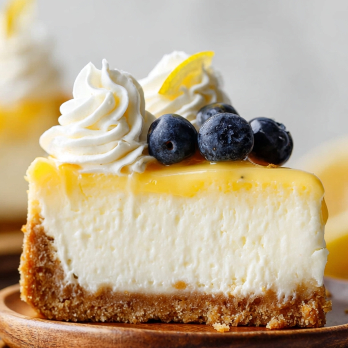Best Lemon Cheesecake Recipe 9 Lemon Cheesecake Recipe Close-up of lemon cheesecake slice with lemon curd, whipped cream swirls, and fresh blueberries, served on wooden plates.