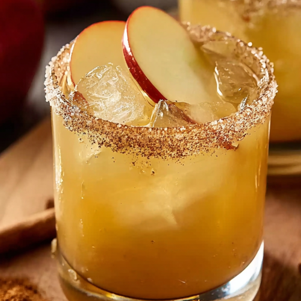 The Best Apple Cider Margarita Recipe 9 Apple Cider Margarita Two iced apple cider drinks in rimmed glasses, each topped with a fresh apple slice, with apples and cinnamon sticks in the background.