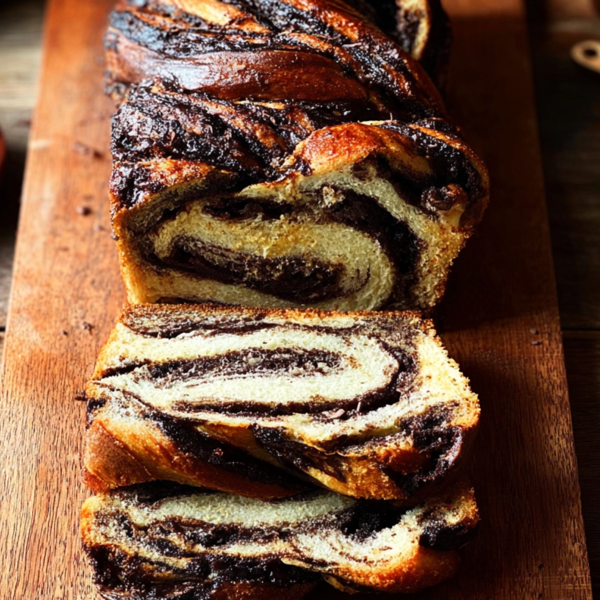 Best Babka Recipe | Chocolate Orange Swirl Bread 9 Babka Recipe A rustic chocolate babka loaf sliced thick, showing dramatic dark chocolate swirls inside soft golden bread, placed on a wooden cutting board, natural window light, top-down food photography, artisanal bakery style, high detail, warm tones