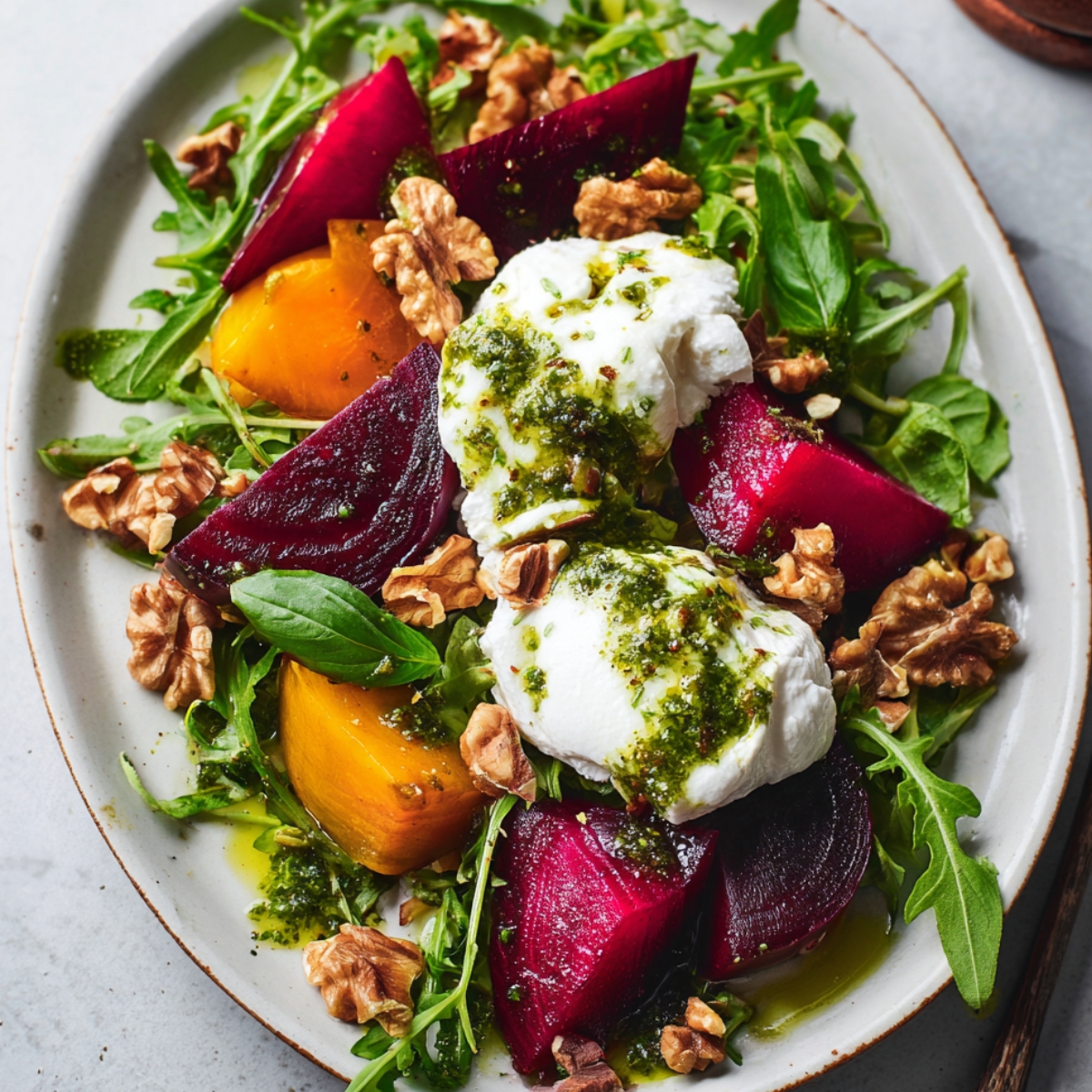 Burrata Salad Beet A vibrant and colorful Beet and Burrata Salad, featuring roasted beets in a variety of colors (golden, red, and purple) paired with creamy burrata cheese, fresh arugula, and crunchy walnuts, all drizzled with a green basil walnut oil dressing.