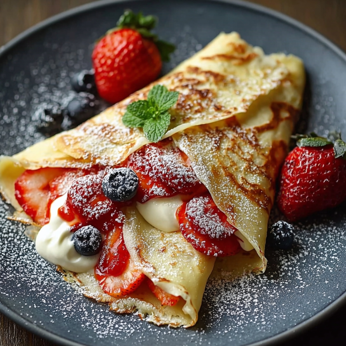 Crepe Recipe A folded crepe filled with fresh strawberries, blueberries, and cream, dusted with powdered sugar and garnished with mint, served on a dark plate with whole berries on the side.