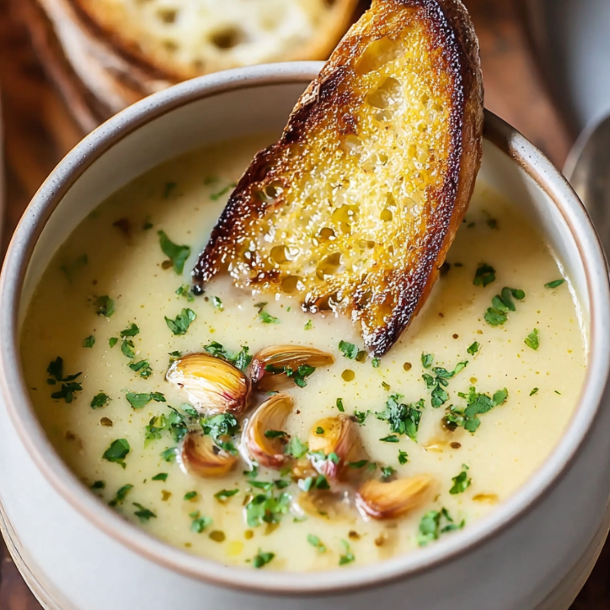 French Garlic Soup Recipe A rustic bowl of creamy garlic soup topped with softened garlic cloves and fresh herbs, served with a toasted bread slice and extra crostini on the side.
