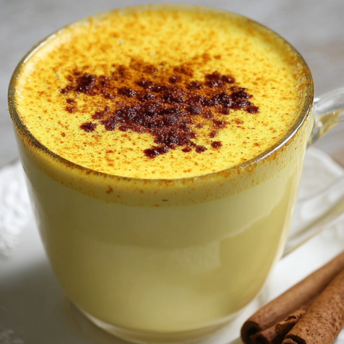 Golden Milk Recipe A creamy cup of golden milk sprinkled with cinnamon, served on a small plate alongside cinnamon sticks and a spoon filled with turmeric powder.