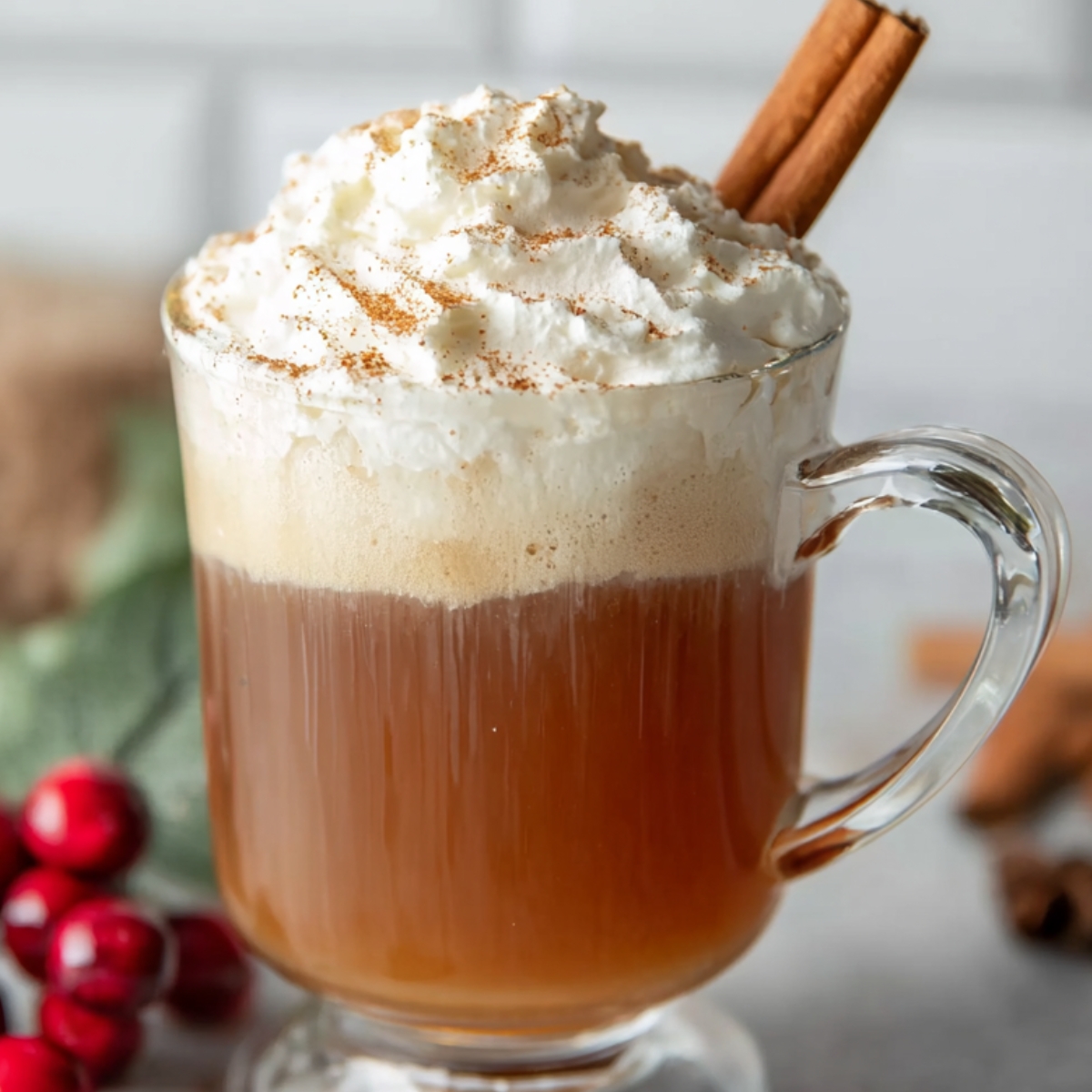 Hot Buttered Rum Glass mug of hot buttered rum topped with whipped cream and cinnamon sticks, styled with red berries and warm spices on a gray surface.