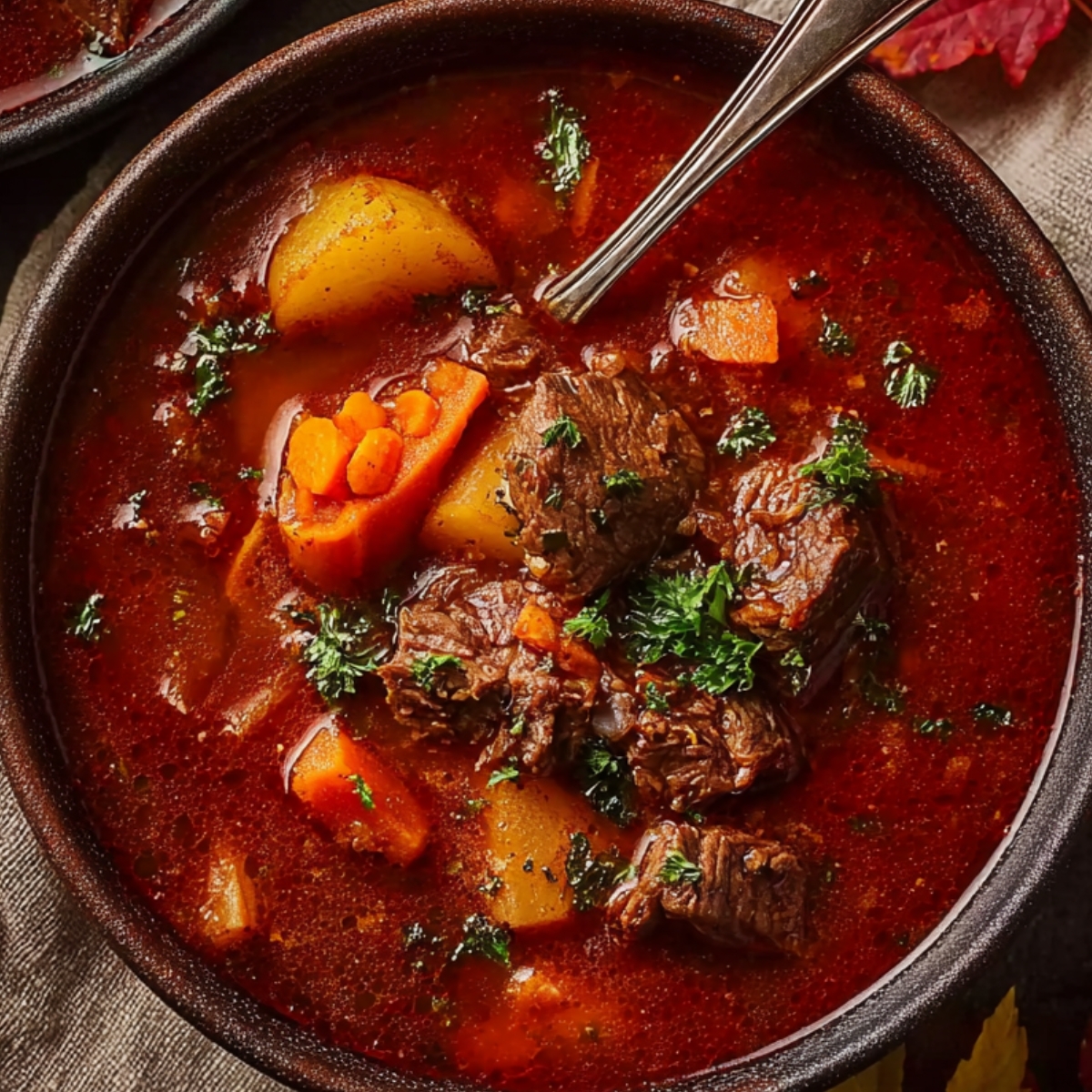 Hungarian goulash recipe Top-down view of a bowl of beef stew in a deep red broth with chunks of beef, potatoes, carrots, and chopped herbs, served with a spoon and autumn leaves around.