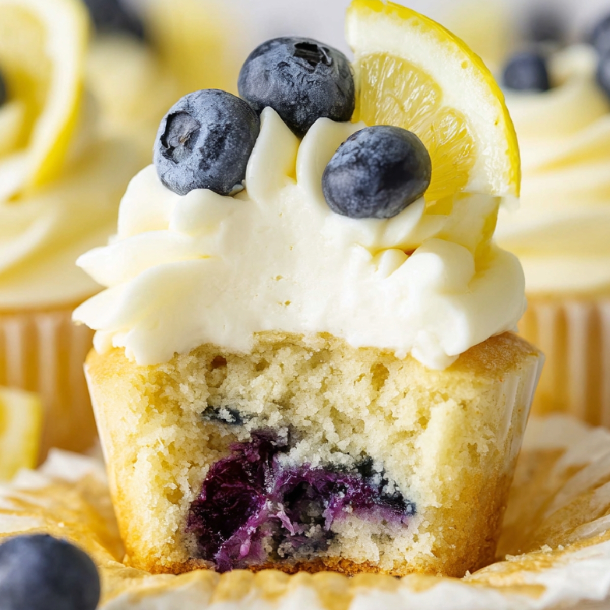 Lemon Blueberry Cupcakes cut in half, showing a moist crumb filled with fresh blueberries, topped with white buttercream frosting, blueberries, and a lemon slice.