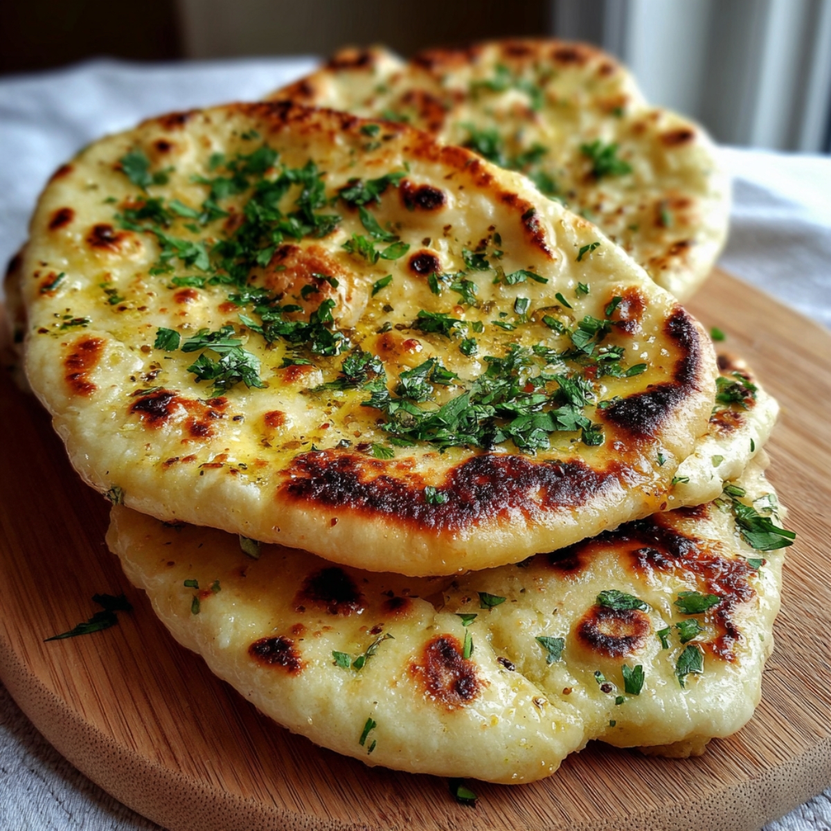 Naan Bread Recipe Stack of freshly cooked garlic naan brushed with herb butter and garnished with chopped parsley.
