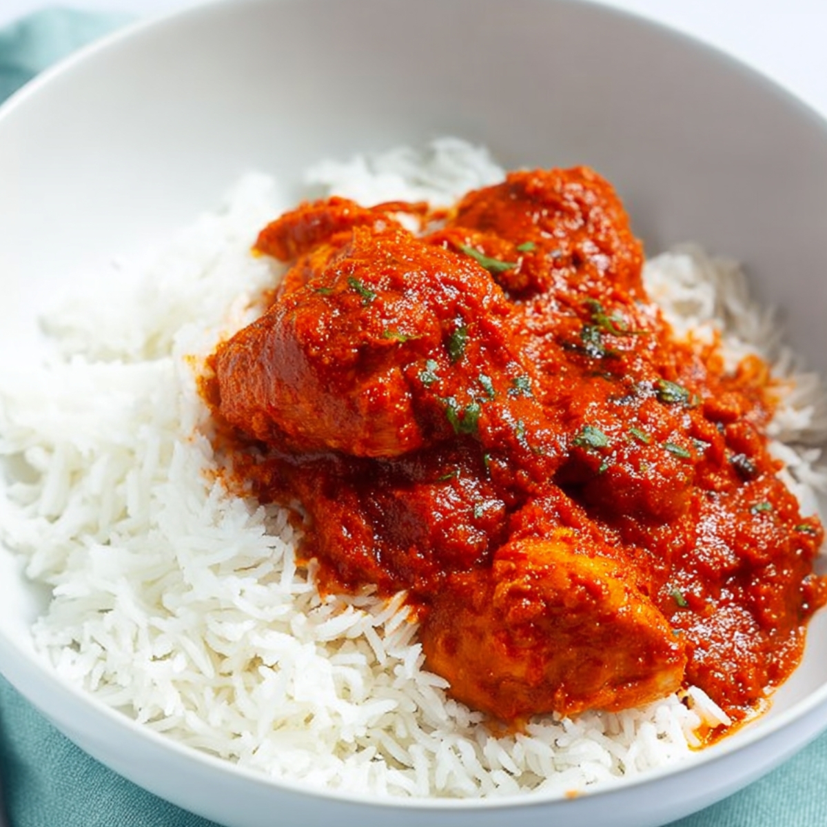 Nigerian Chicken Stew 13 Nigerian chicken stew A bowl of Nigerian red stew served over fluffy white rice, rich deep red tomato pepper sauce coating tender chicken pieces, clean white background, soft natural light, minimal food styling, close-up food photography