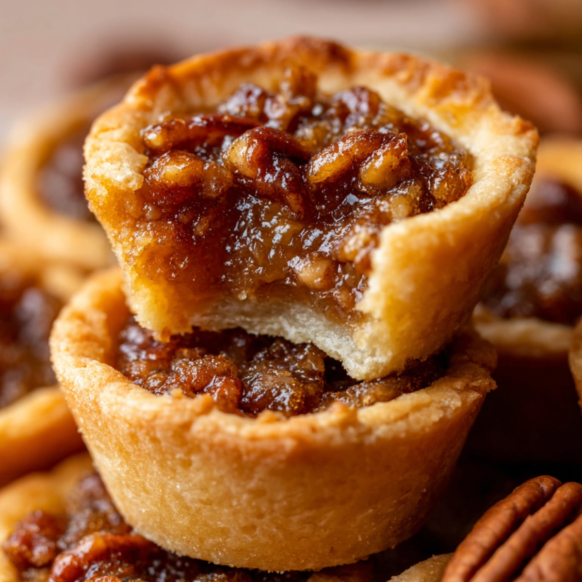 Easy Homemade Pecan Tassies Recipe 9 Pecan Tassies Stacked mini pecan tarts with a bite taken out of the top one, revealing a gooey caramel-pecan filling inside the flaky golden crust.