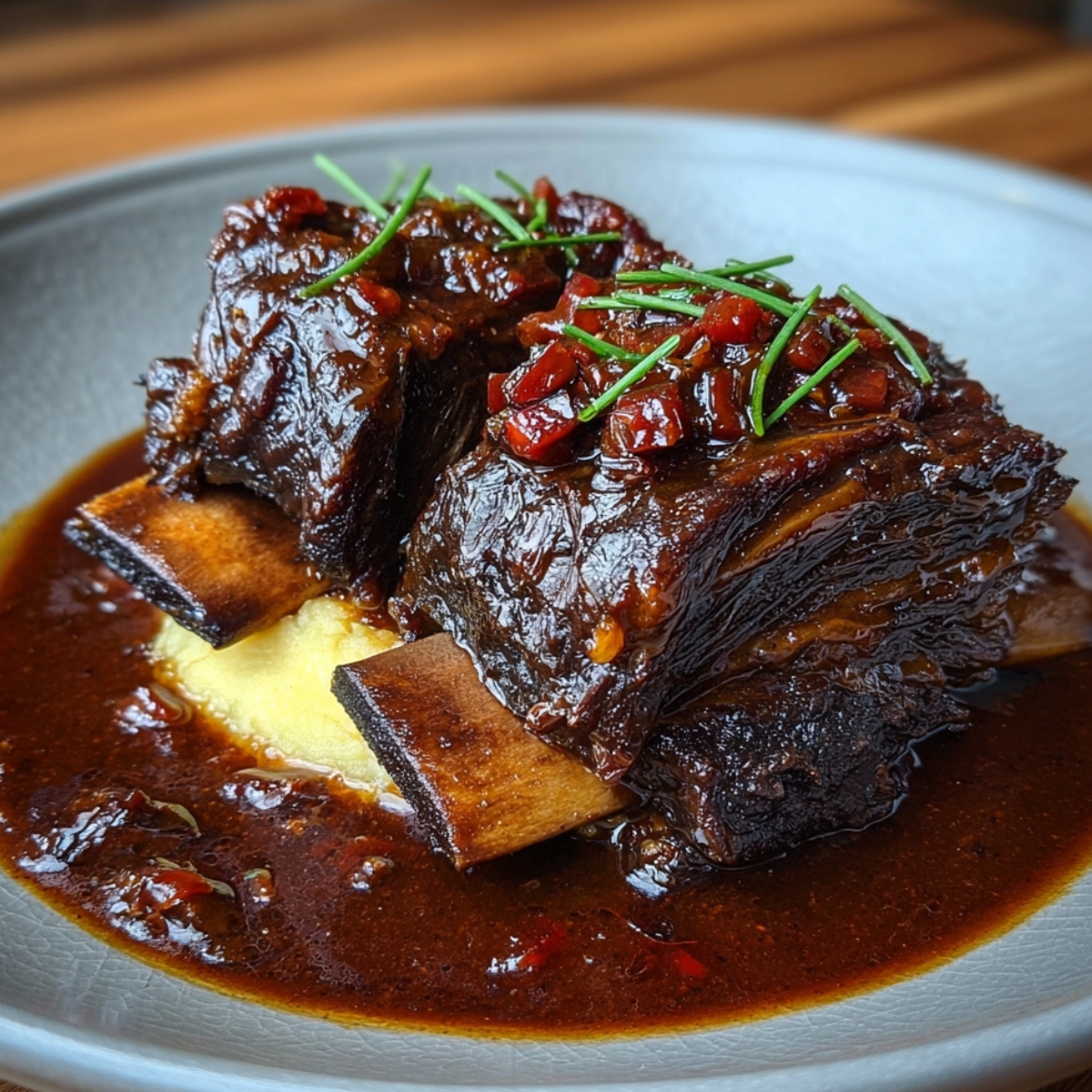 Beautifully plated braised short ribs recipe on a bed of creamy polenta, topped with chopped herbs and surrounded by a glossy, rich sauce.