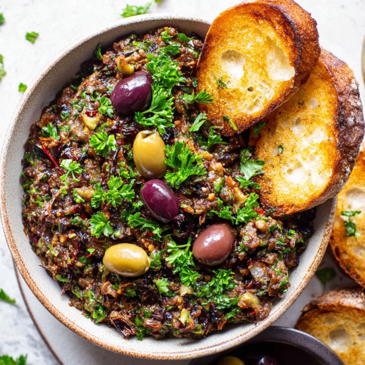 Tapenade Recipe Close-up overhead view of olive tapenade in a bowl, garnished with fresh parsley and whole olives, served with toasted bread slices.