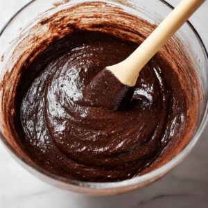 Tiramisu Brownies Recipe | Easy 3-Layer Dessert 14 Rich chocolate brownie batter in a glass bowl with a spatula, smooth and glossy texture