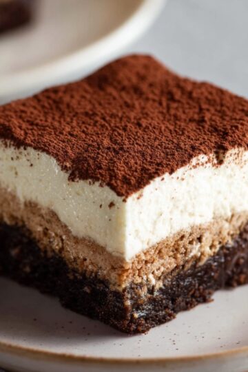 Tiramisu Brownies Recipe | Easy 3-Layer Dessert 23 Tiramisu Brownies Single square of tiramisu brownie on a plate, layered chocolate brownie, coffee-soaked ladyfingers, and mascarpone cream topped with cocoa powder