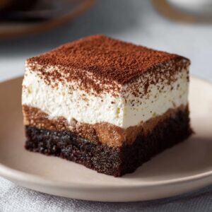 Tiramisu Brownies Recipe | Easy 3-Layer Dessert 17 Single square of tiramisu brownie on a plate, layered chocolate brownie, coffee-soaked ladyfingers, and mascarpone cream topped with cocoa powder