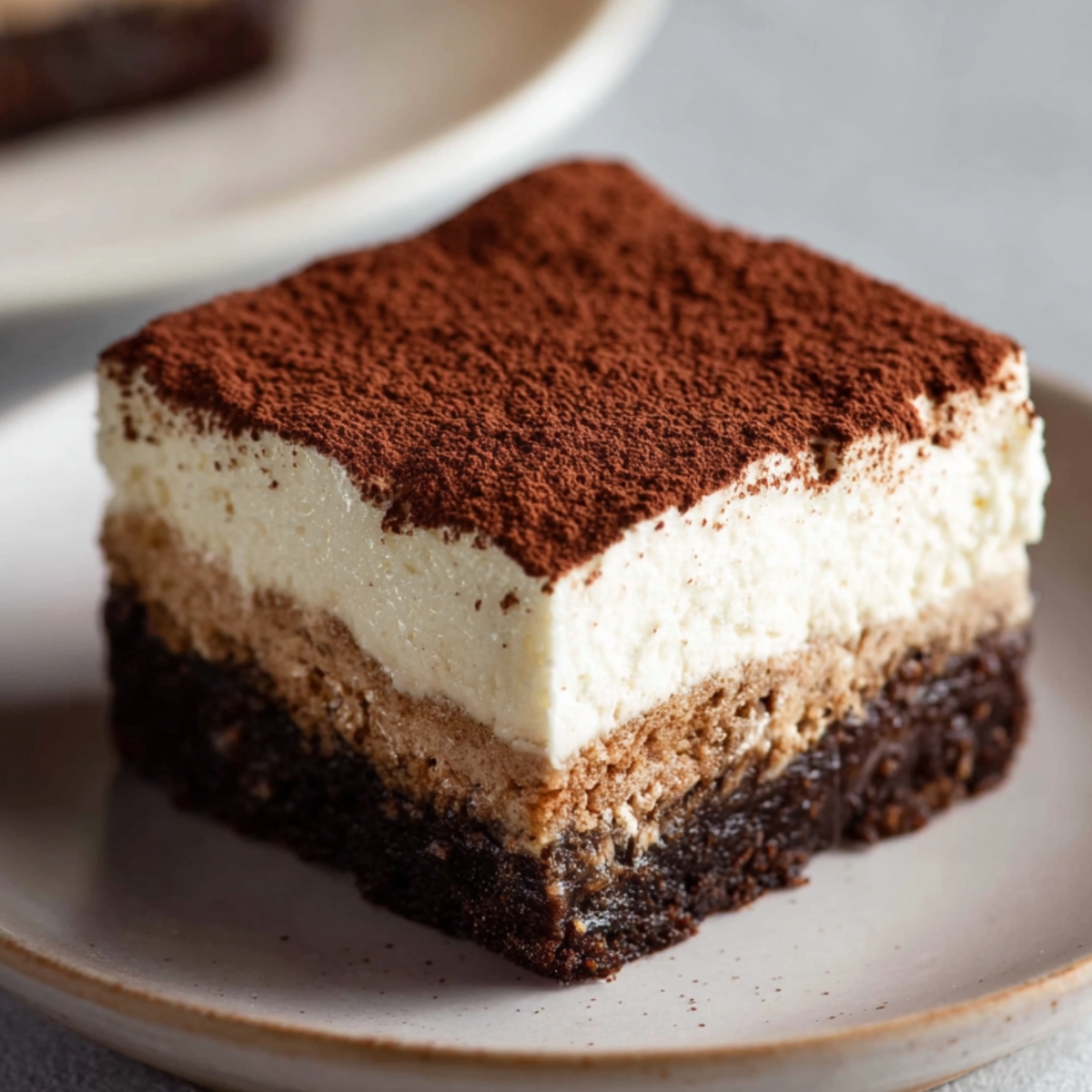 Tiramisu Brownies Single square of tiramisu brownie on a plate, layered chocolate brownie, coffee-soaked ladyfingers, and mascarpone cream topped with cocoa powder