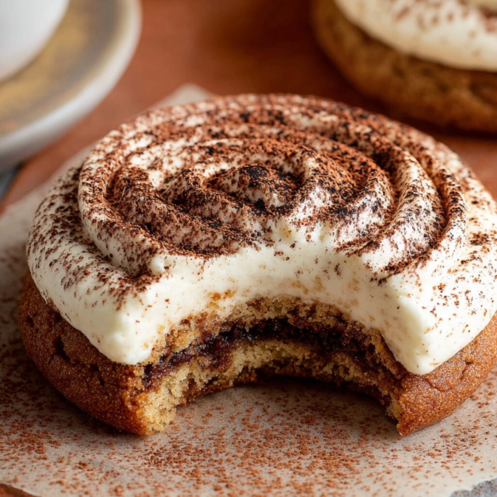 Claudia Cooking 36 A Tiramisu Cookies with a bite taken out, showcasing its soft, chewy texture and the creamy filling with a swirl of cocoa powder on top, placed on parchment paper alongside other cookies.
