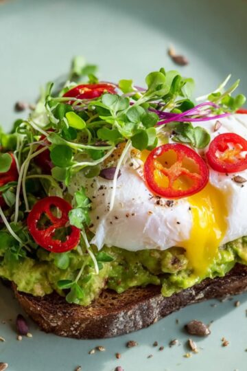 Easy Avocado Toast Recipe | Ready in 5 Minutes 22 Avocado toast topped with a poached egg, sliced red chili, seeds, and microgreens, served on a ceramic plate, viewed from above.