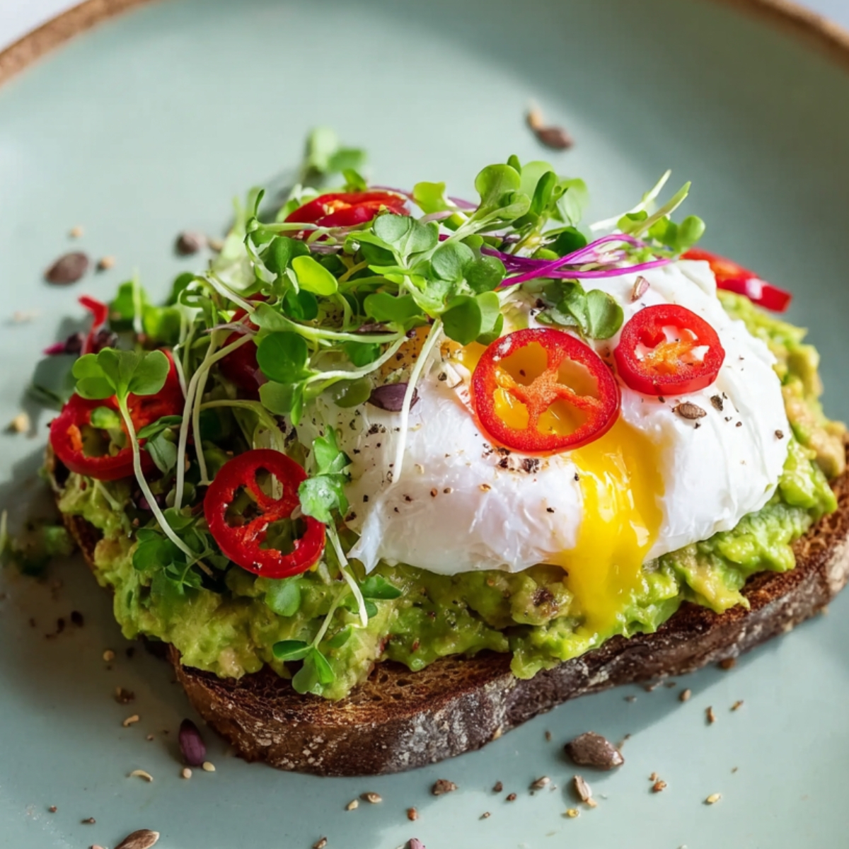Avocado toast topped with a poached egg, sliced red chili, seeds, and microgreens, served on a ceramic plate, viewed from above.