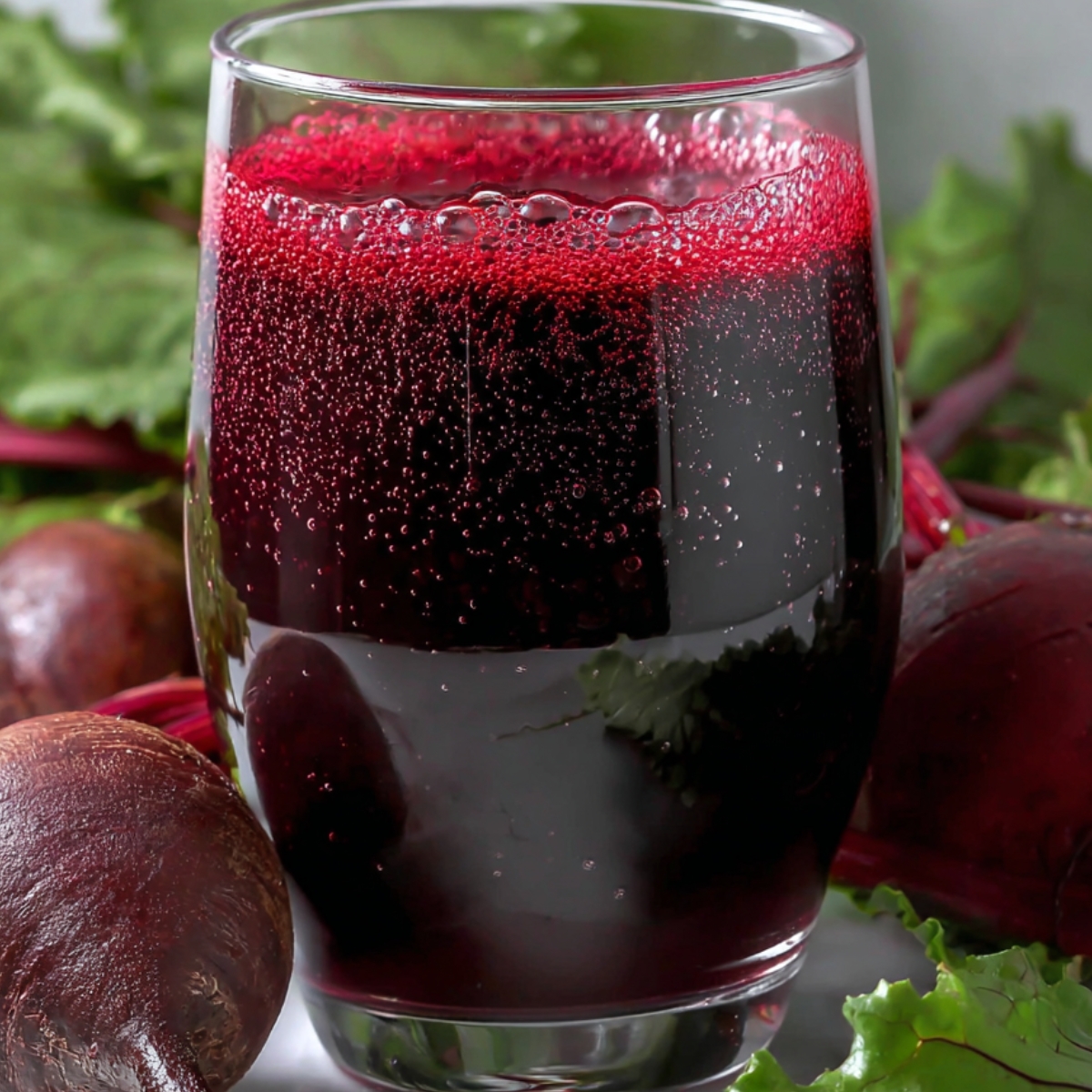 How to Make Beetroot Juice at Home - 2 Easy Ways 9 beetroot juice Clear drinking glass of homemade beet juice with visible bubbles, fresh beets and leafy greens placed around for a natural healthy drink presentation.