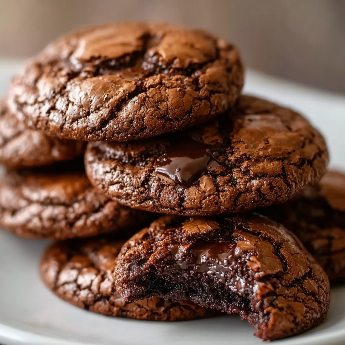 chocolate brownie cookies A plate piled with chocolate brownie cookies featuring shiny, crinkled tops, including one cookie with a melted chocolate bite revealing its fudgy interior.