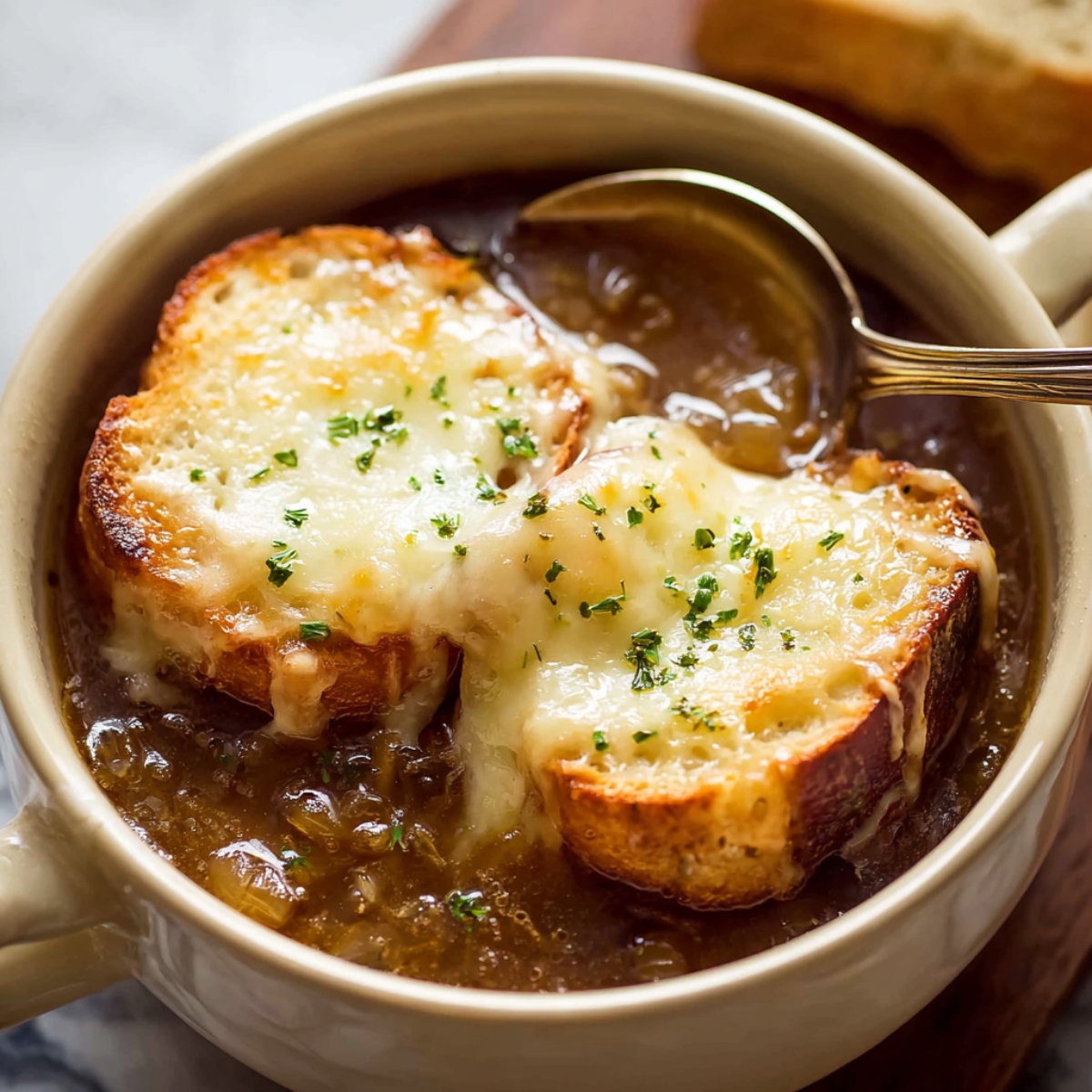 french onion soup Bowl of French onion soup topped with toasted baguette slices and melted cheese, garnished with chopped herbs, shown close-up.