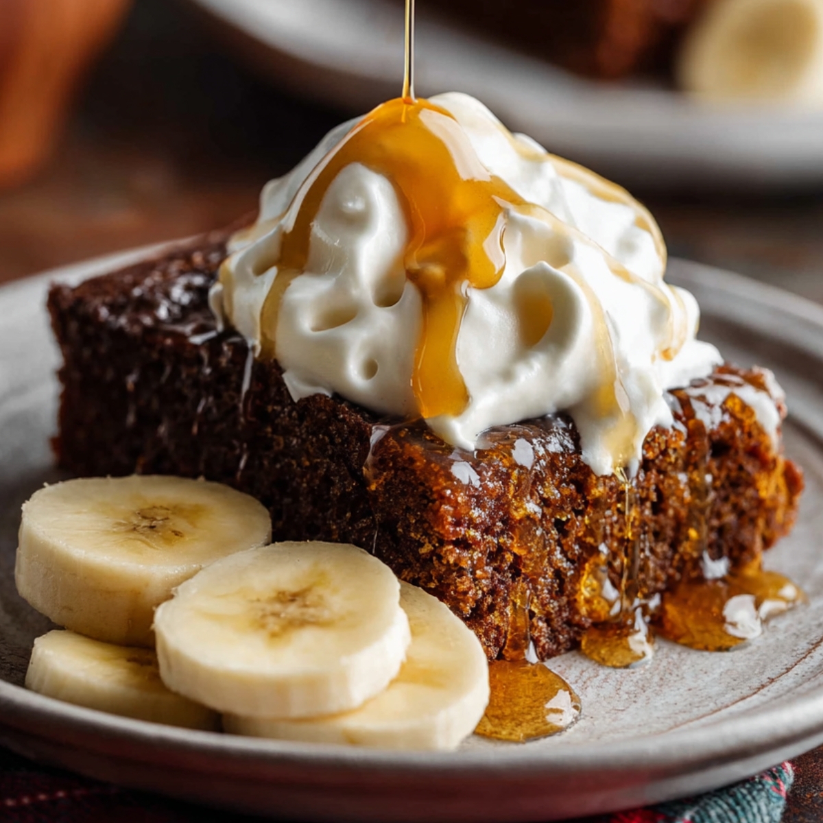 gingerbread cake A slice of moist gingerbread cake topped with whipped cream and honey drizzle, served with banana slices on a plate.