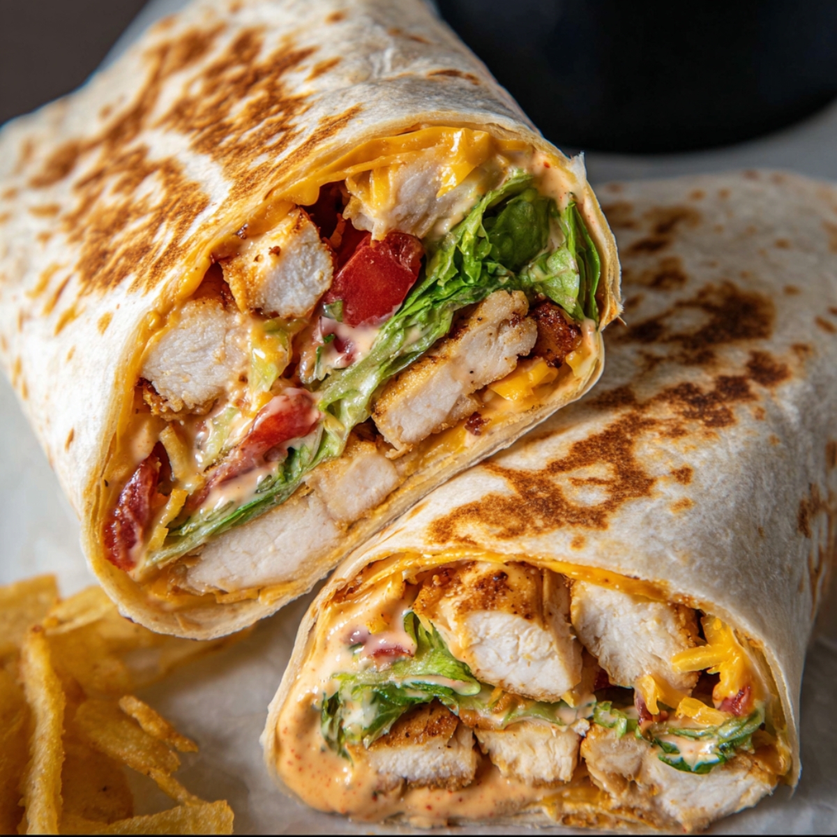 grilled chicken burrito Chipotle ranch grilled chicken burrito cut in half showing juicy chicken, melted cheese, lettuce, tomatoes, and creamy chipotle ranch sauce inside a toasted tortilla.