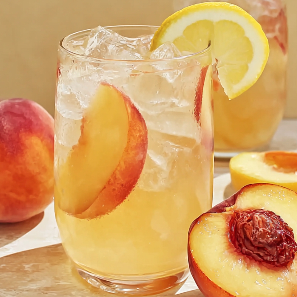 peach lemonade A refreshing glass of peach lemonade filled with ice and garnished with lemon slices and mint leaves. Peaches and lemons are placed beside the glass on a white surface