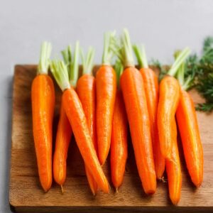 Best 5-Ingredient Brown Sugar Glazed Carrots Recipe 15 Fresh whole carrots are placed neatly on a wooden cutting board. These vibrant, raw carrots are still intact, with their green tops visible, ready to be prepped for cooking. The bright orange color of the carrots makes for a striking image against the warm wood surface.
