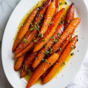 Best 5-Ingredient Brown Sugar Glazed Carrots Recipe 18 Another shot of the caramelized glazed carrots, this time with added sprigs of fresh herbs like thyme sprinkled on top, along with a light sprinkle of salt and pepper. The dish showcases a well-balanced caramelized finish with a glossy sheen.