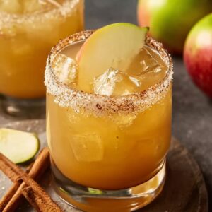 The Best Apple Cider Margarita Recipe 15 Two iced apple cider drinks in rimmed glasses, each topped with a fresh apple slice, with apples and cinnamon sticks in the background.