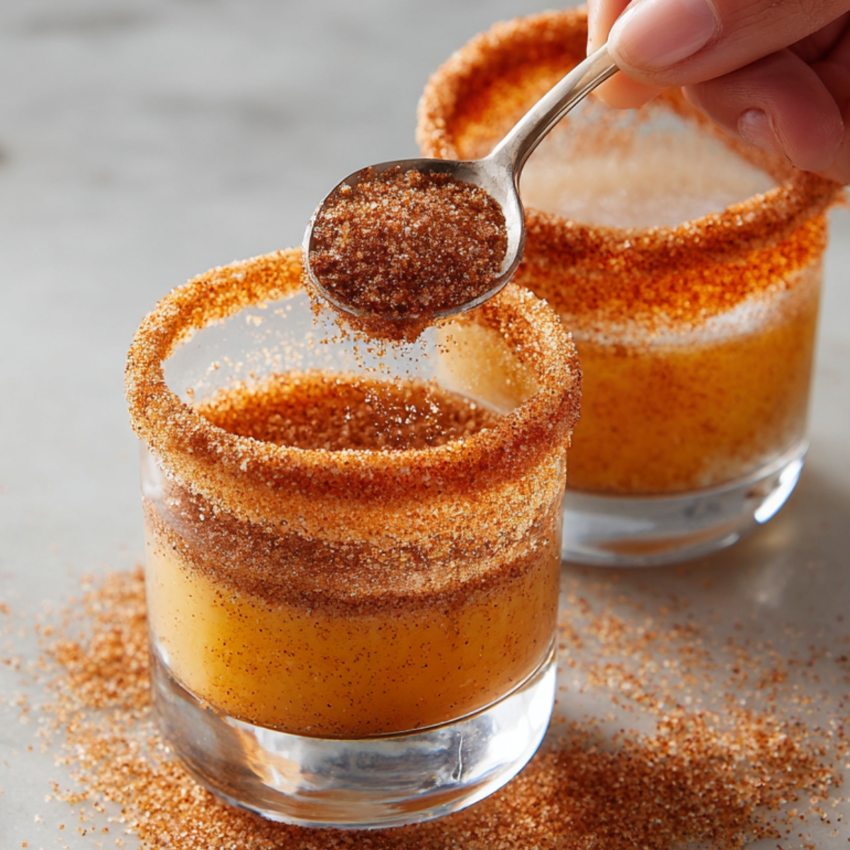 The Best Apple Cider Margarita Recipe 10 Close-up of a hand sprinkling cinnamon sugar onto the rim of a small glass filled with a golden-colored beverage.
