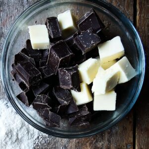 Best Babka Recipe | Chocolate Orange Swirl Bread 17 A glass bowl with dark chocolate and cubed butter, next to a small bowl of cocoa powder and powdered sugar, arranged on a rustic wooden surface, moody food photography, overhead flat lay