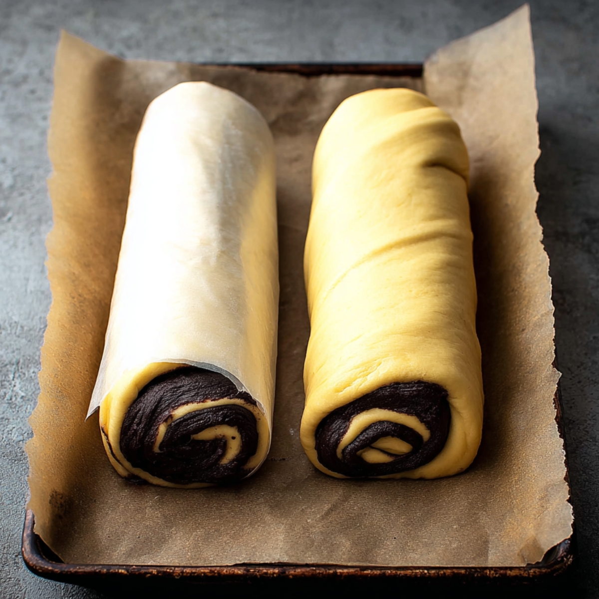 Best Babka Recipe | Chocolate Orange Swirl Bread 13 Two rolled babka dough logs wrapped in parchment paper, one filled with dark chocolate and one plain, placed on a metal baking sheet, minimal rustic styling, overhead view, soft natural lighting