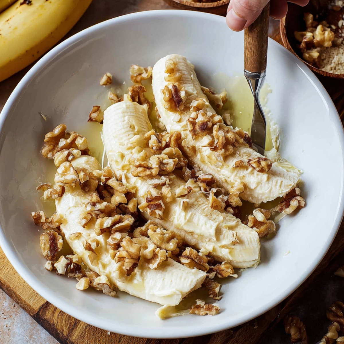 Easy Banana Bread Recipe - Ready in 70 Minutes | So Moist 10 A spatula is stirring flour into a banana bread mixture in a glass bowl. The flour is being folded into the wet ingredients, with eggs and bananas in the background.