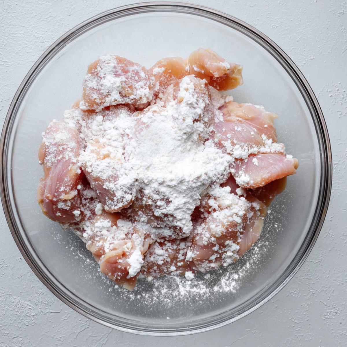Easy Black Pepper Chicken Recipe 11 Raw chicken pieces coated with cornstarch in a glass mixing bowl