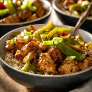 Easy Black Pepper Chicken Recipe 18 Black pepper chicken served over brown rice with green bell peppers and onions in a bowl