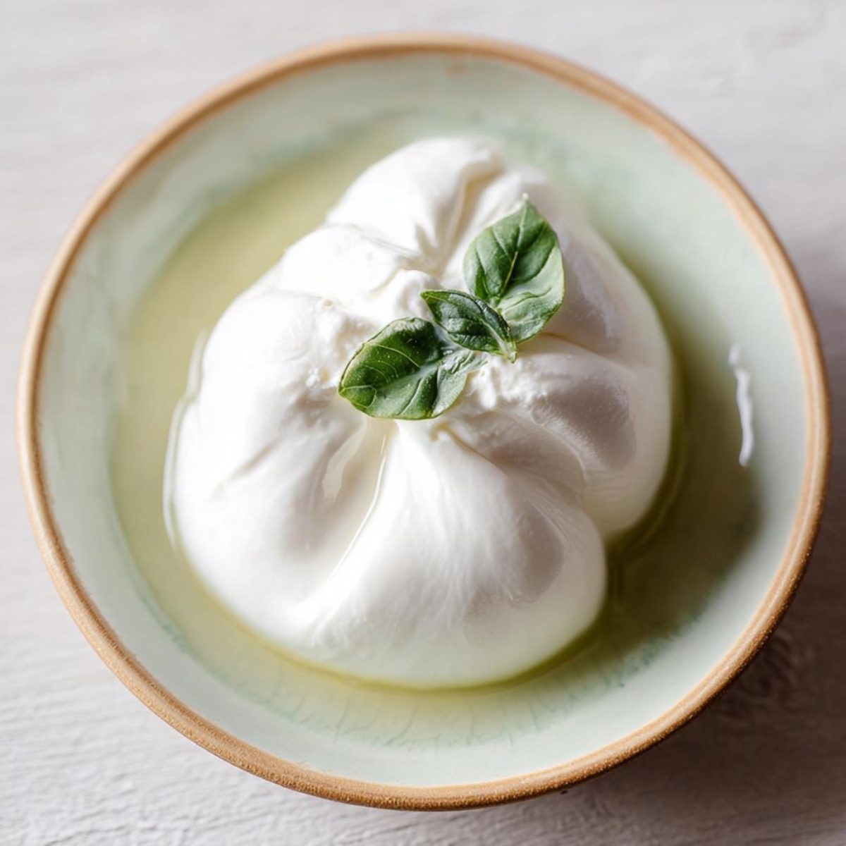 Delicious Burrata Salad Beet Recipe 12 A close-up of fresh, creamy burrata cheese placed delicately in a bowl with a touch of green basil leaves on top, showcasing the smooth texture and inviting appearance of this Italian cheese.