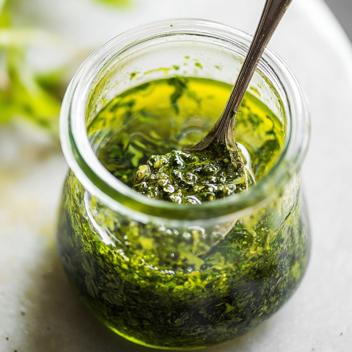 Delicious Burrata Salad Beet Recipe 11 A close-up of a small glass jar filled with vibrant green walnut basil oil, with a spoon stirring the fragrant dressing, perfect for adding flavor to salads and vegetables.