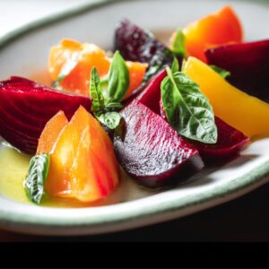 Delicious Burrata Salad Beet Recipe 14 A beautifully presented plate of roasted beets in various colors (golden, red, and purple), served with fresh basil leaves, offering a simple yet elegant display of roasted vegetables.