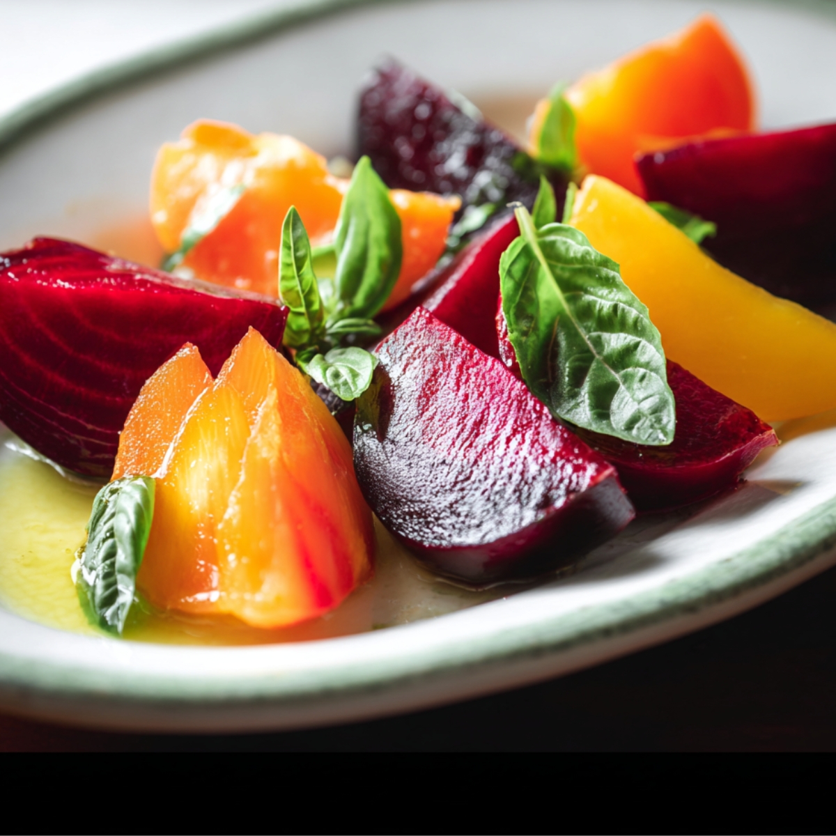 Delicious Burrata Salad Beet Recipe 10 A beautifully presented plate of roasted beets in various colors (golden, red, and purple), served with fresh basil leaves, offering a simple yet elegant display of roasted vegetables.