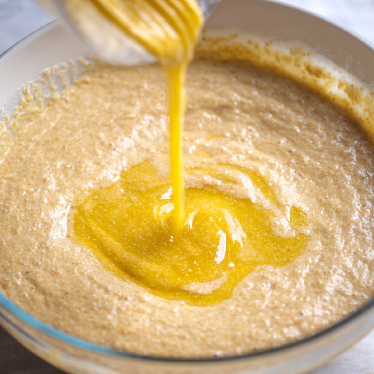 Cornbread Recipe: Easy 40-Minute Homemade Version 10 "A close-up of a bowl of cornbread batter with a smooth, creamy consistency, ready to be poured into a baking pan."