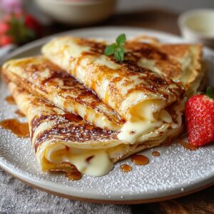 Delicious Crepe Recipe In 30 Minutes 15 A stack of folded crepes filled with creamy custard, drizzled with syrup, and lightly dusted with powdered sugar, served with a fresh strawberry on a light-colored plate.