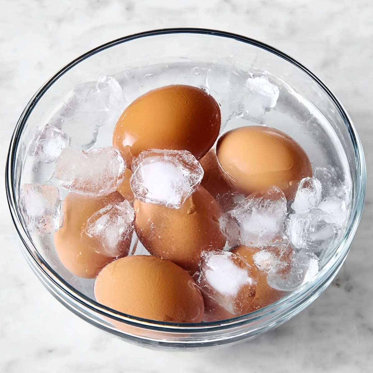 Deviled Eggs Recipe - Perfect in 35 Minutes or Less! 11 A clear glass bowl filled with ice and water, holding several brown eggs that are cooling down after boiling. The ice cubes are clearly visible around the eggs.