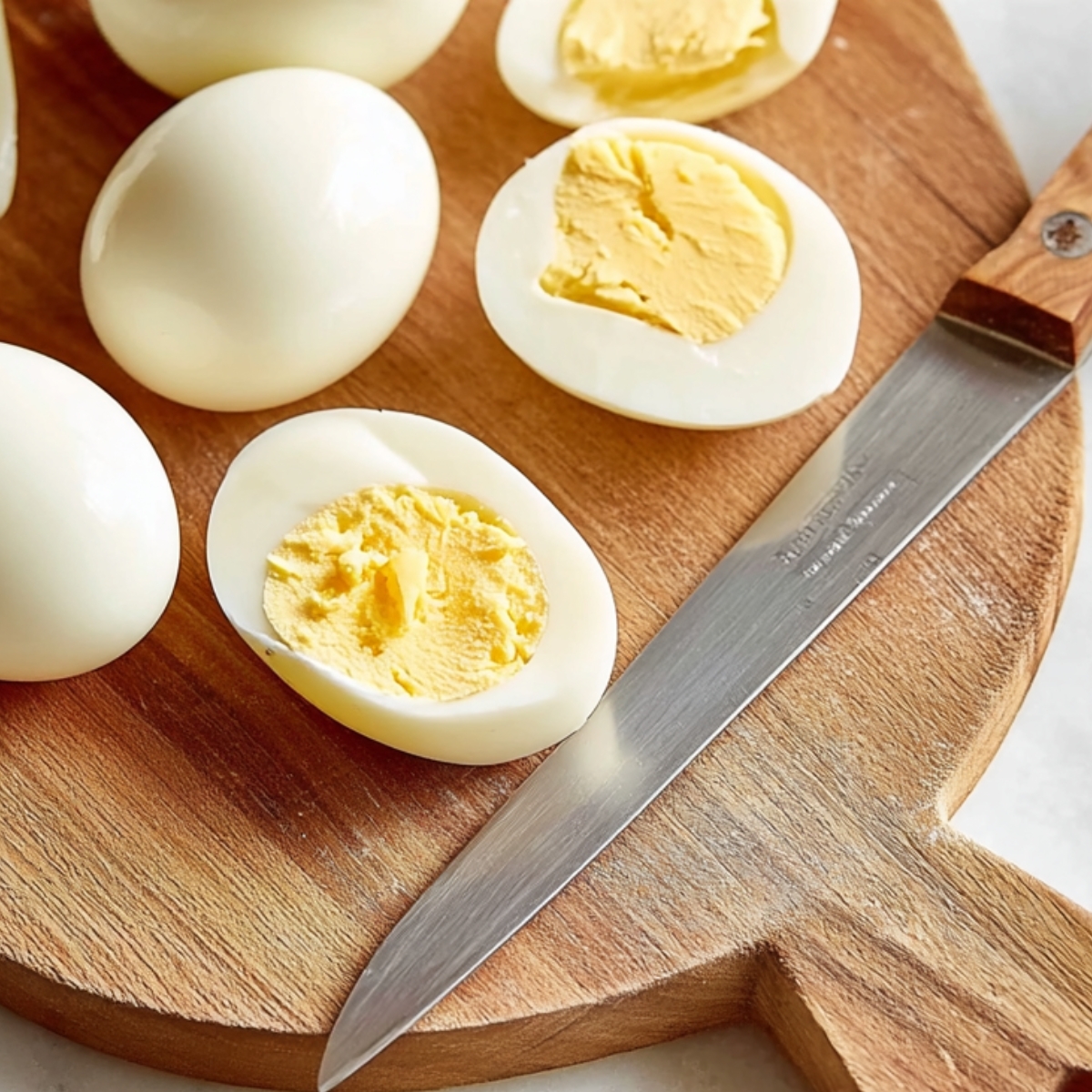Deviled Eggs Recipe - Perfect in 35 Minutes or Less! 12 A wooden cutting board with a knife resting next to a hard-boiled egg that has been sliced in half. The egg whites are visible with the yolk removed, and a small bowl contains the egg yolk.