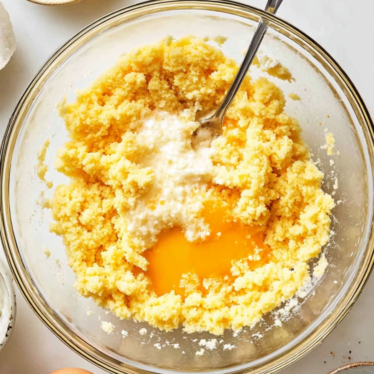 Deviled Eggs Recipe - Perfect in 35 Minutes or Less! 13 A glass mixing bowl filled with mashed egg yolks, mayonnaise, mustard, and seasonings. A fork is being used to mix the ingredients together in the bowl.