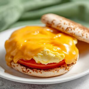 Homemade Egg Mcmuffin Recipe in 5 Easy Steps 18 A simple, clean shot of a perfectly toasted English muffin with melted cheese and scrambled eggs, ready to be assembled into a sandwich.