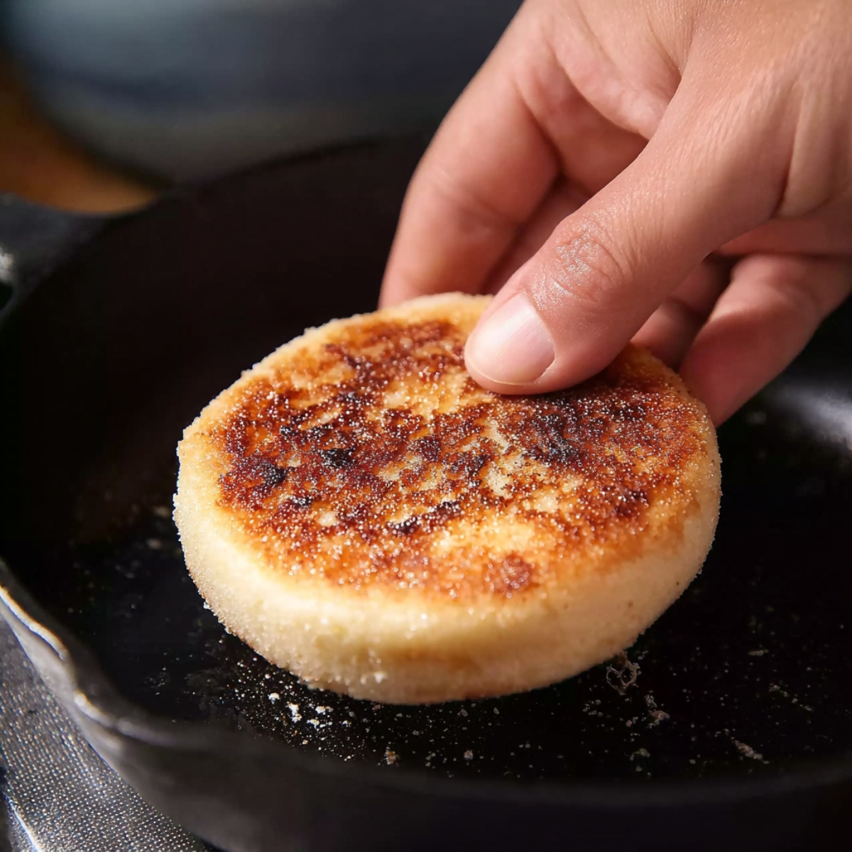 Homemade Egg Mcmuffin Recipe in 5 Easy Steps 10 A hand pressing down on a toasted English muffin in a skillet to achieve a golden, crispy finish.